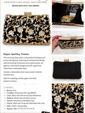 Cloie Black and Gold Rhinestone Floral Evening Clutch